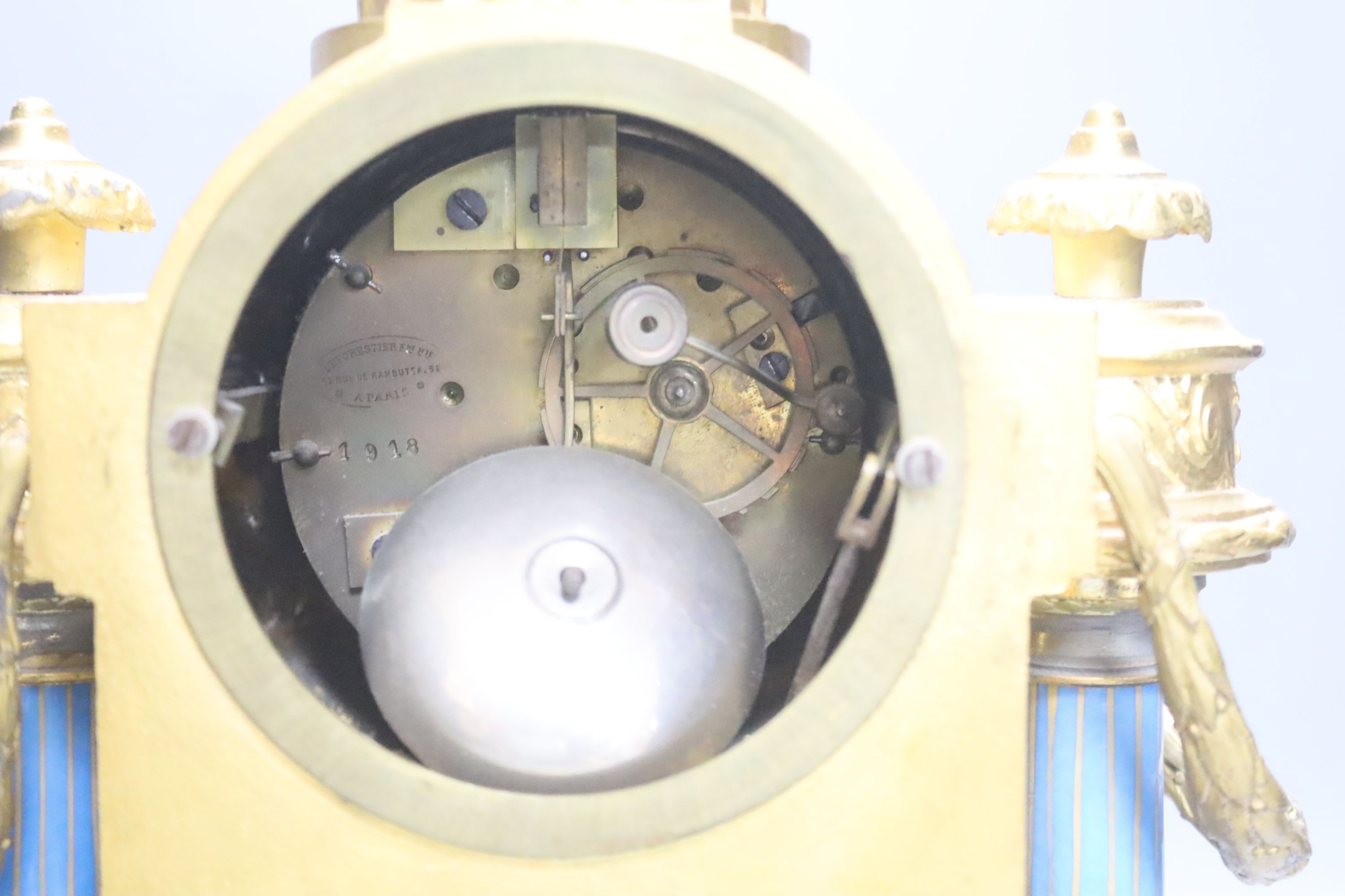 A late 19th century French gilt metal and porcelain mounted mantel clock, Japy freres movement countwheel striking on a bell, on plinth, height 44cm